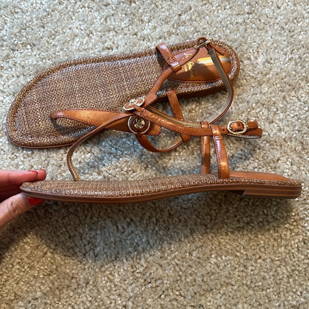 Sam Edelman Gigi signet leather logo flat thing brown fold sandal shoe size 8.5 - Picture 5 of 7